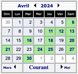 Calendrier avril 2024